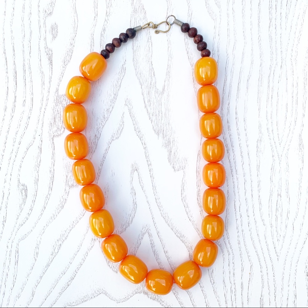 Bead Necklace || Orange & Wood Bead Statement